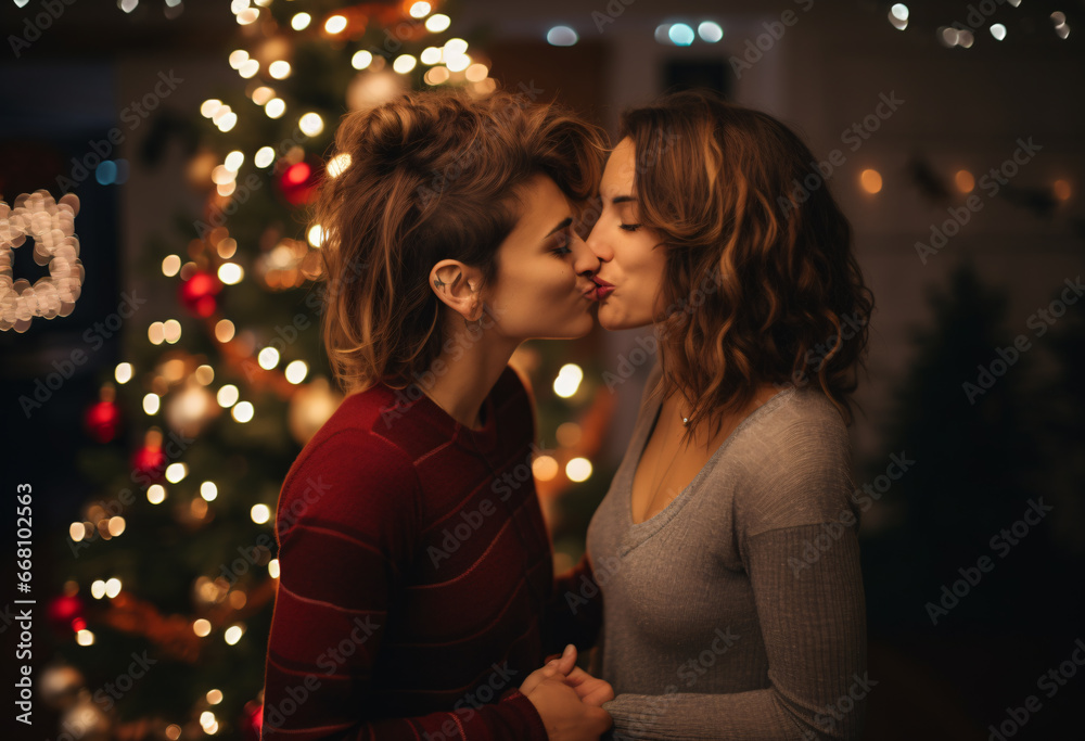 lesbian women kissing each other in front of a Christmas tree, two brunette girls kiss each other with romantic new year atmosphere 