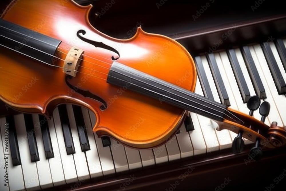 Close up of musical instruments violin and piano. - obrazy, fototapety, plakaty 