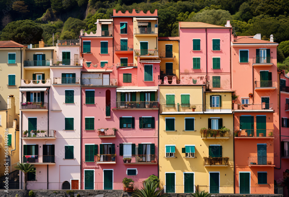 ligurian houses, every house Is near, Pink houses Yellow houses on mountain hill near coastal region 