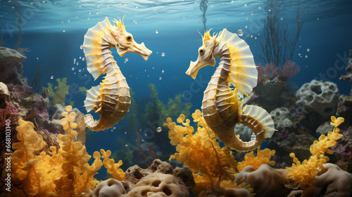 Yellow seahorses swimming close to the coral © UsamaR