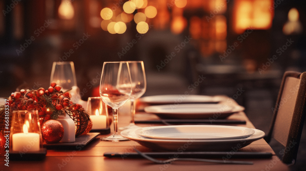 Beautiful table setting for Christmas dinner in restaurant, close-up.