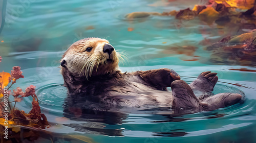 A brown otter blissfully floating on its back in a blue-green body of water, amidst a backdrop of rocks and plants