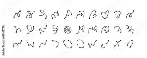 Cute line doodle arrows set. Comic, cartoon motion expression design elements. Bounce, swirl, twist, movement effect