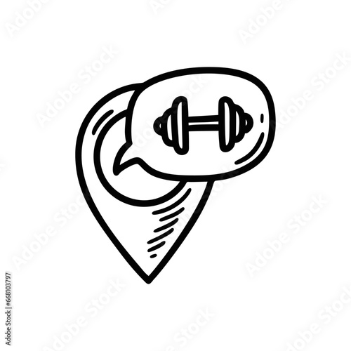 Doodle gym map pin icon. Sport salon location. Hand drawn sketch vector illustration. Fitness centre geo position. photo