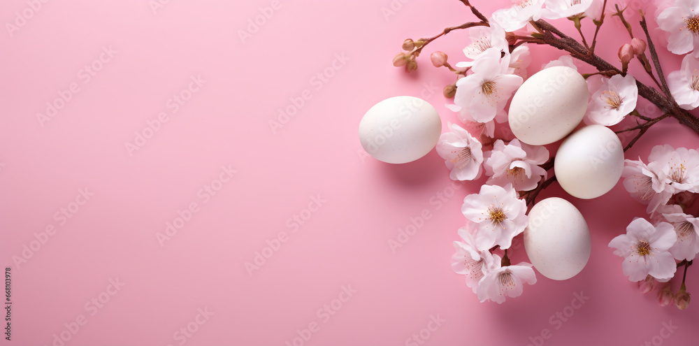 Easter eggs of white color on a pale pink background, egg layout with flowers