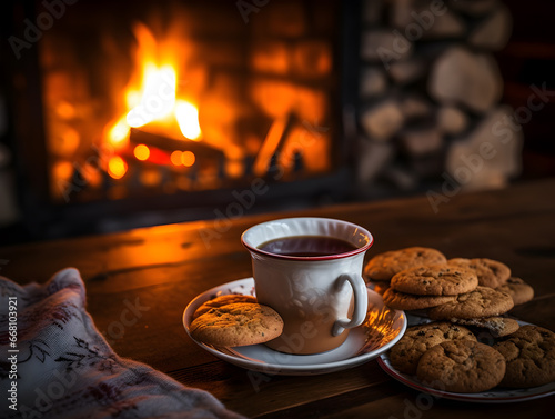 A steaming cup of mulled wine sits invitingly on a rustic wooden table, with the comforting glow of a fireplace in the backdrop. Perfect for a cozy winter evening.