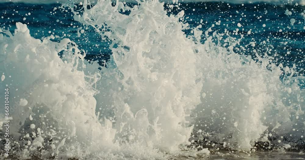 Close up abstract view of ocean wave crashing into the shoreline in slow motion, 10000 fps Close up abstract view of ocean wave crashing into the shoreline in slow motion, 10000 fps