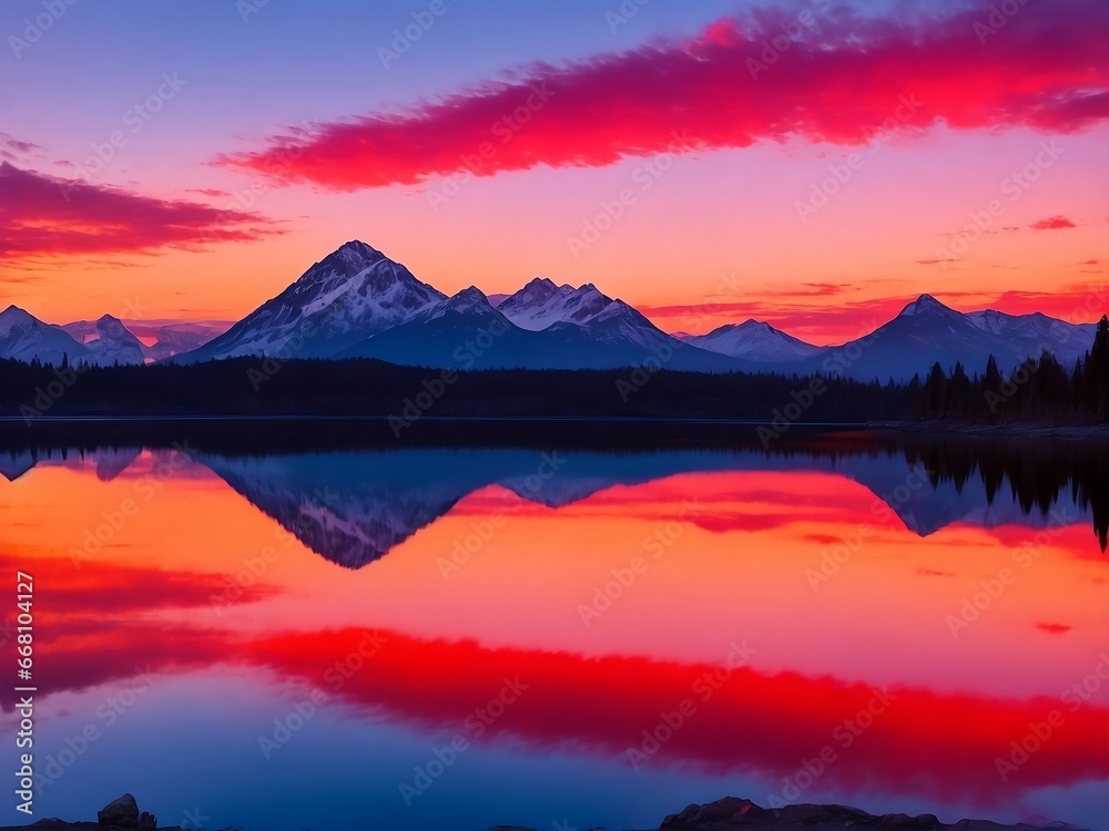 A serene lake reflecting the vibrant hues of a breathtaking sunset, surrounded by silhouetted mountains.