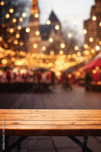 Wooden table in front of blurred Christmas market with bokeh background.