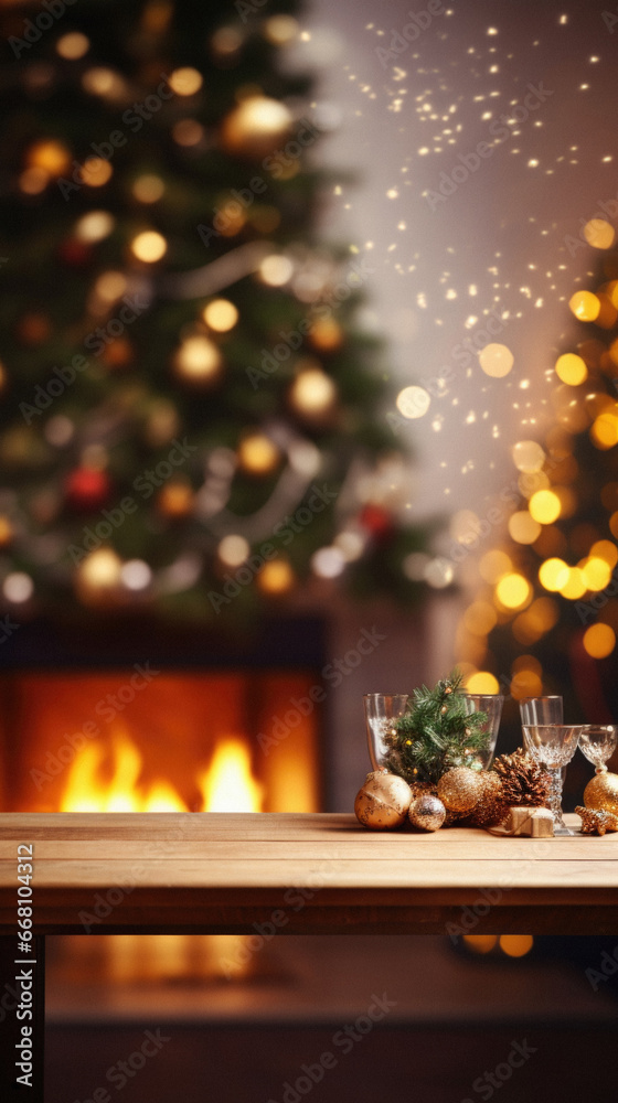 Two glasses of wine on wooden table in front of christmas tree.