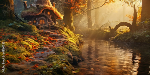 A small fairy tale house in dark fantasy autumn forest, miniature woodland cottage made by gnomes and trolls photo