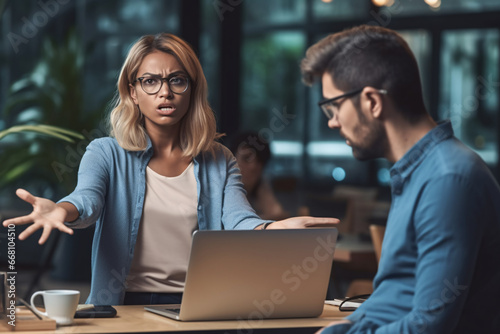 An unhappy woman manager complaining to other teammate in working place 