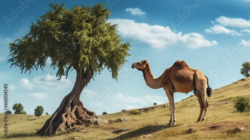 Camel on the desert with palm trees mountain photography image Ai generated art © Manik007