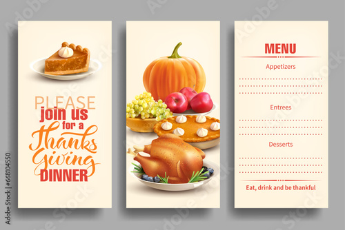 Design template for Thanksgiving dinner invitation cards. Vector set.