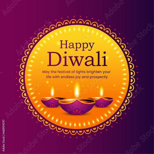 Happy Diwali background with illuminated diyas and mandala decoration. India Diwali celebration greeting card, diwali unit design, vector illustration.