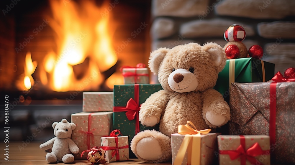 Stuffed brown bear toy in warm and cozy fireplace cottage living room with Christmas decorations, surrounded by wrapped gifts and wonderful presents. Wonderful wholesome joyous Xmas holiday. - obrazy, fototapety, plakaty 