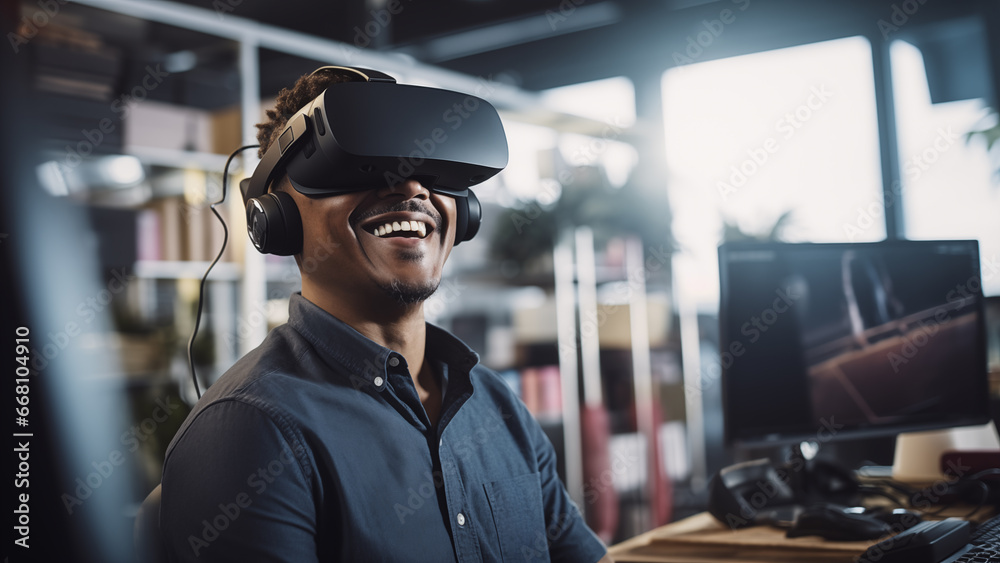 An IT company employee wearing a VR device and smiling at work An IT company employee wearing a VR device and smiling at work