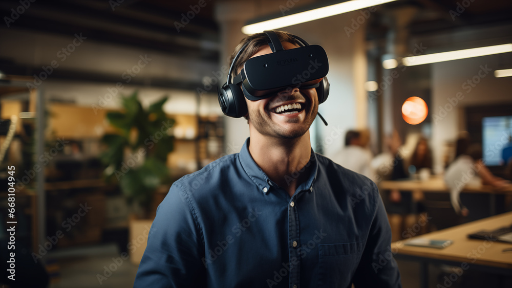 An IT company employee wearing a VR device and smiling at work An IT company employee wearing a VR device and smiling at work