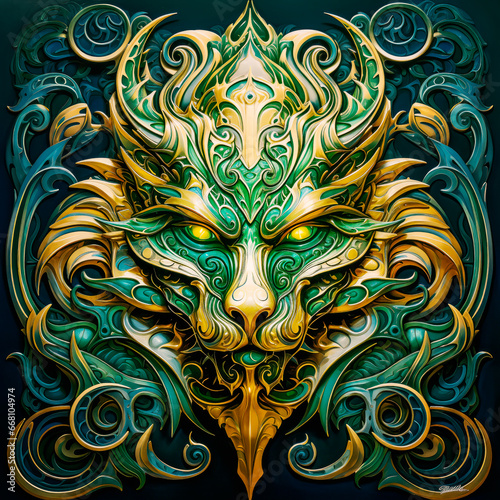 An artwork of a green and gold metal dragon head for chinese year of green dragon