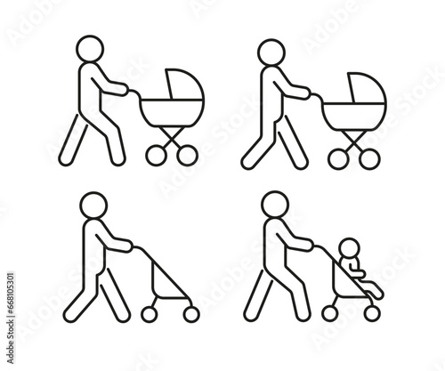 Person walk with baby stroller, line icon set. Newborn in carriage. Motherhood. Vector