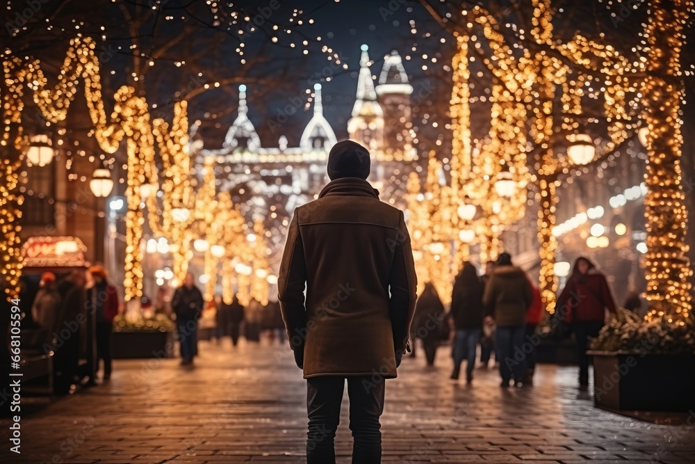 A man wearing a winter hat and jacket walking down a street covered in Christmas lights - A Festive Stroll Through a Sparkling Street A man wearing a winter hat and jacket walking down a street covered in Christmas lights - A Festive Stroll Through a Sparkling Street