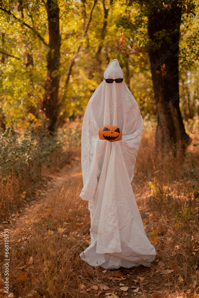 A child in sheets and black glasses, holding a pumpkin in his hands, looking like a ghost costume in the autumn forest, frightening and frightening. Nice little funny ghost. Halloween Party A child in sheets and black glasses, holding a pumpkin in his hands, looking like a ghost costume in the autumn forest, frightening and frightening. Nice little funny ghost. Halloween Party