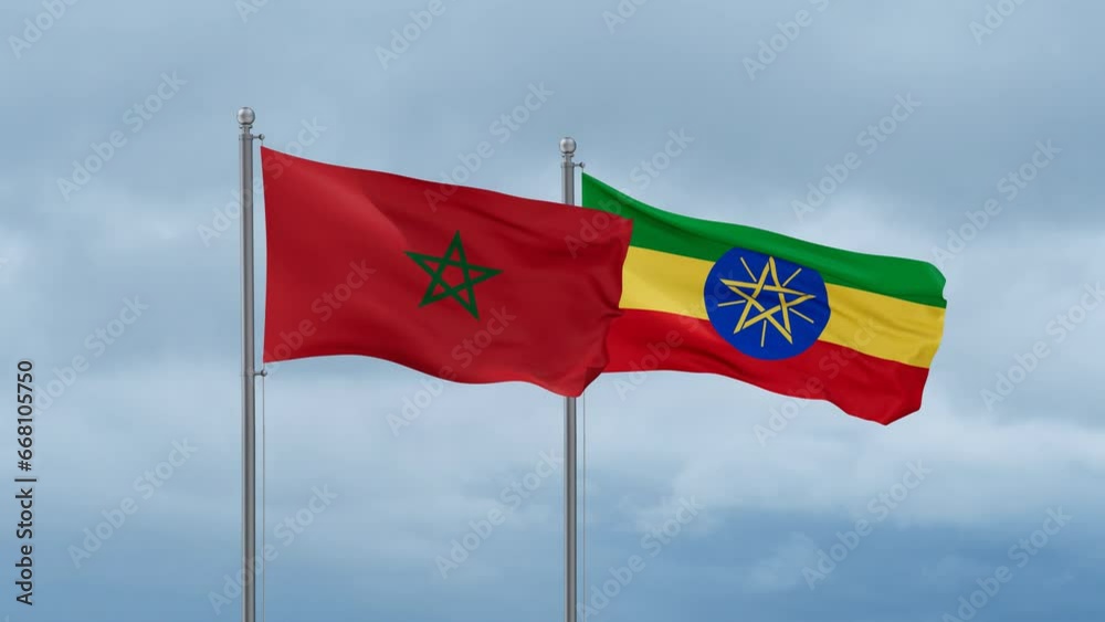 Ethiopia flag and Morocco flag waving together on cloudy sky, endless seamless loop, two country relations concept