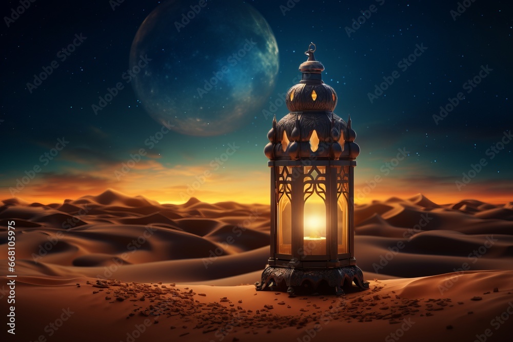 Arabic lantern in the desert at night. Ramadan Kareem background Arabic lantern in the desert at night. Ramadan Kareem background
