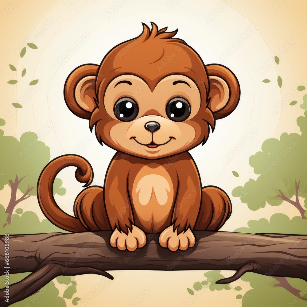 Fototapeta premium Monkey Hanging Tree Icon,Cartoon Illustration, For Printing