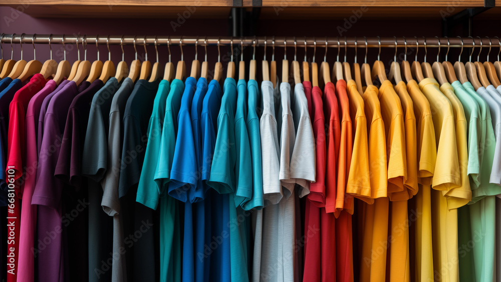 Shirts for sale in a clothing store neatly hanging on hangers