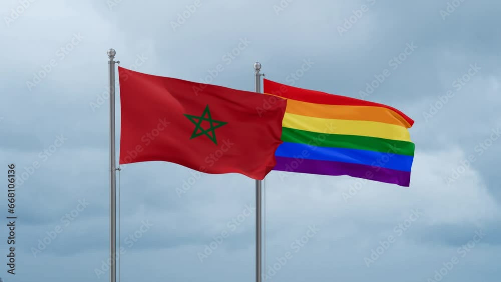 LGBT movement flag also Gay Pride and Morocco flag waving in the wind cycle looped video, tolerance conception in country LGBT movement flag also Gay Pride and Morocco flag waving in the wind cycle looped video, tolerance conception in country