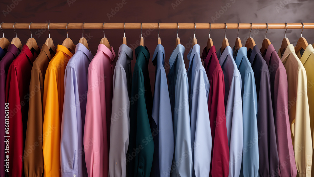 Shirts for sale in a clothing store neatly hanging on hangers