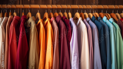 Shirts for sale in a clothing store neatly hanging on hangers