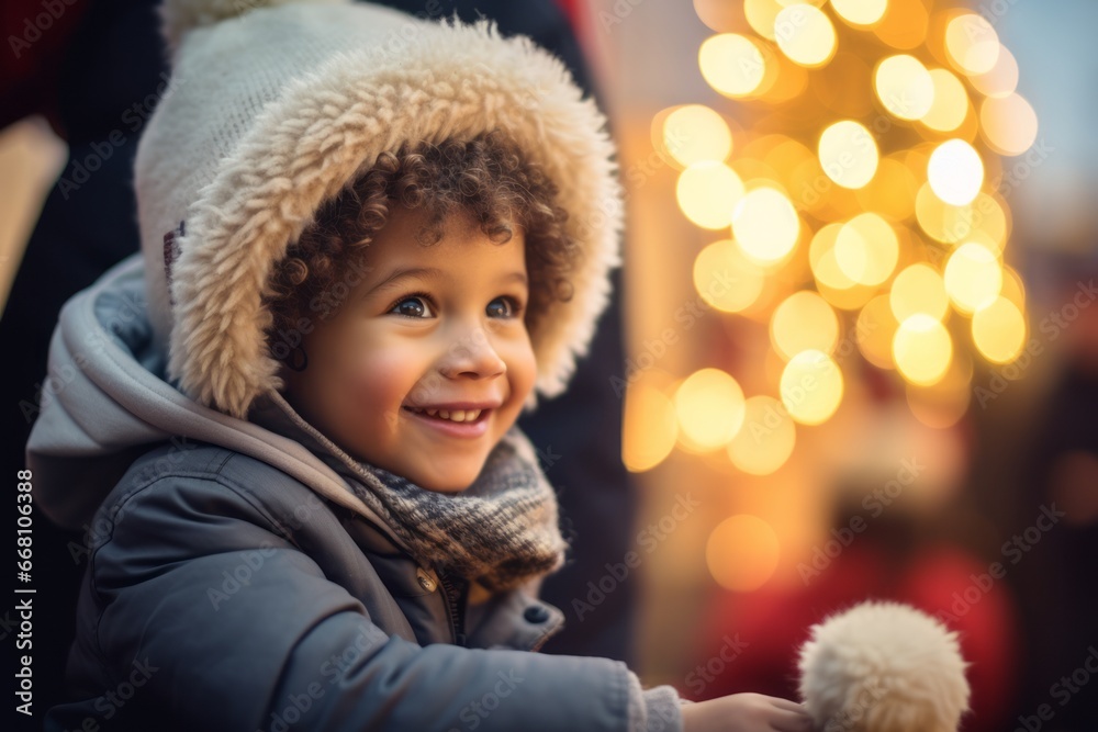 Smiling baby boy toddler on Christmas market Smiling baby boy toddler on Christmas market