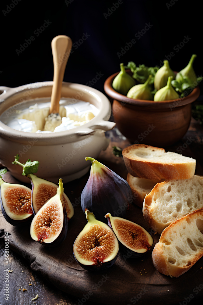 Camembert Fondue with Figs and Baguette on a Dark Canvas Camembert Fondue with Figs and Baguette on a Dark Canvas