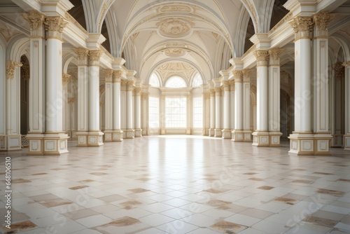 Realistic photo of bright palace hall with big windows and light hall inside. Empty room with tile white floor