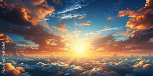 Fototapeta Naklejka Na Ścianę i Meble -  Blue sky with clouds at sunset. Sun rays through the clouds. Beautiful golden sunset