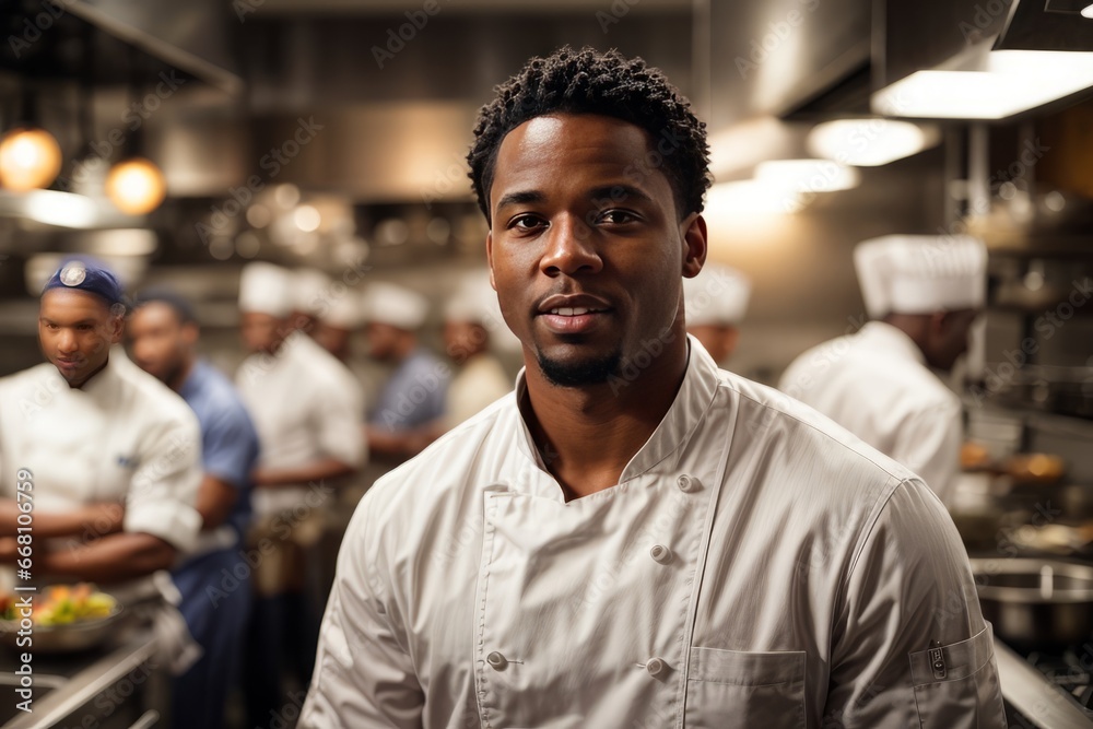 African cuisine. A handsome African American male chef wearing a white coat in the kitchen of a restaurant