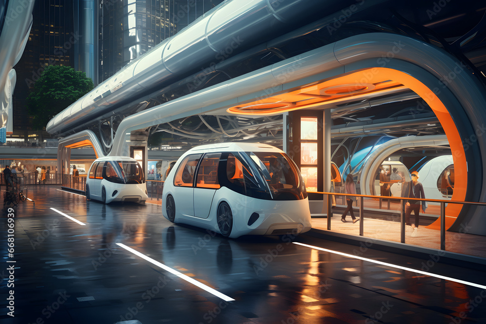 Futuristic transport hub with autonomous vehicles