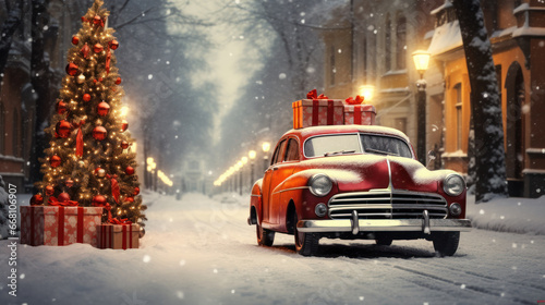 Stylish retro car with Christmas gifts and a Christmas tree on a snowy road. Holiday concept, surprise. Christmas.