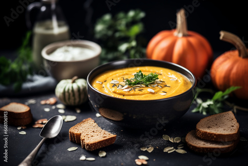 Pumpkin cream soup in a bowl, on dark table, pumpkins on background, restaurant concept, lowkey food photography