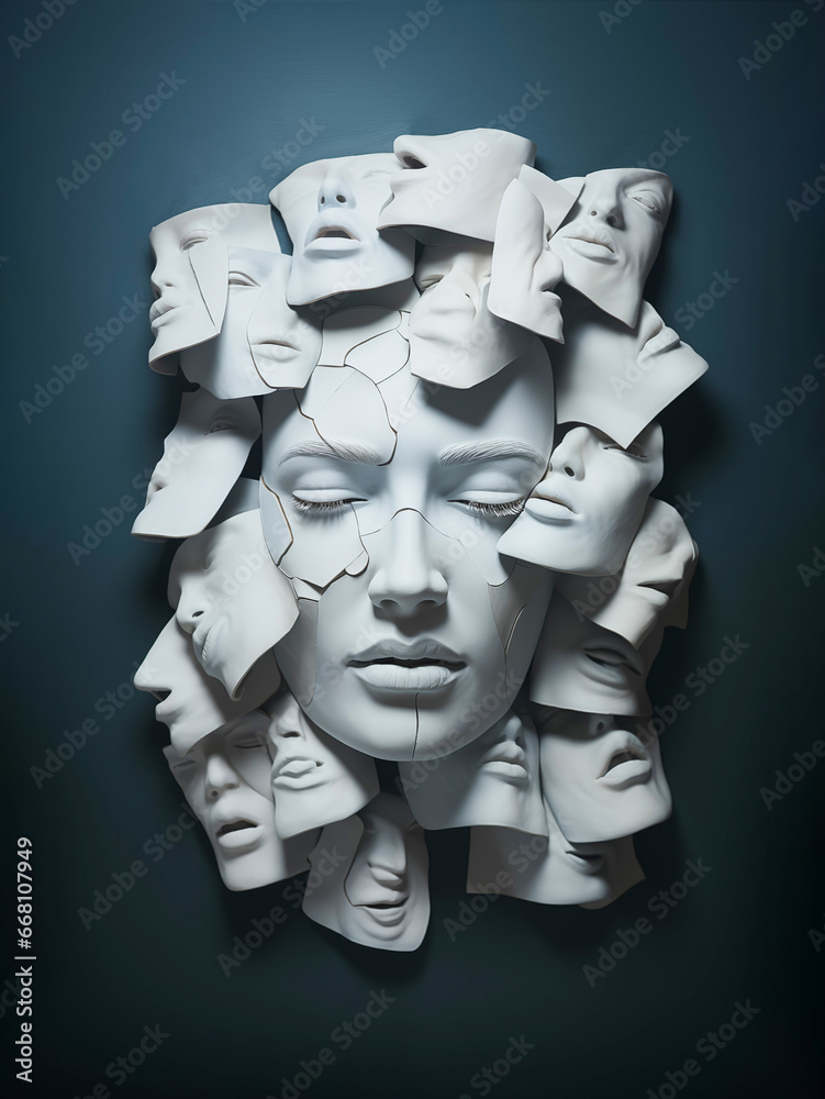 Porcelain woman's face with additional emotional expression masks. Psychiatric condition background. Ai generated image