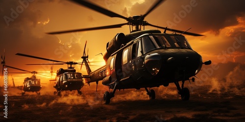 .Five military helicopters silhouetted against a golden sunset sky