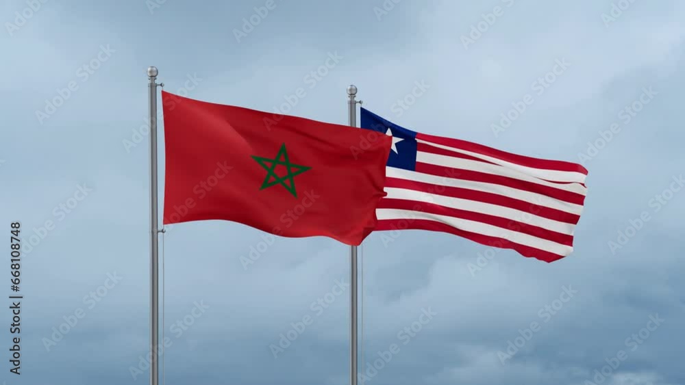 Liberia and Morocco flag waving together on cloudy sky, endless seamless loop, two country cooperation concept Liberia and Morocco flag waving together on cloudy sky, endless seamless loop, two country cooperation concept