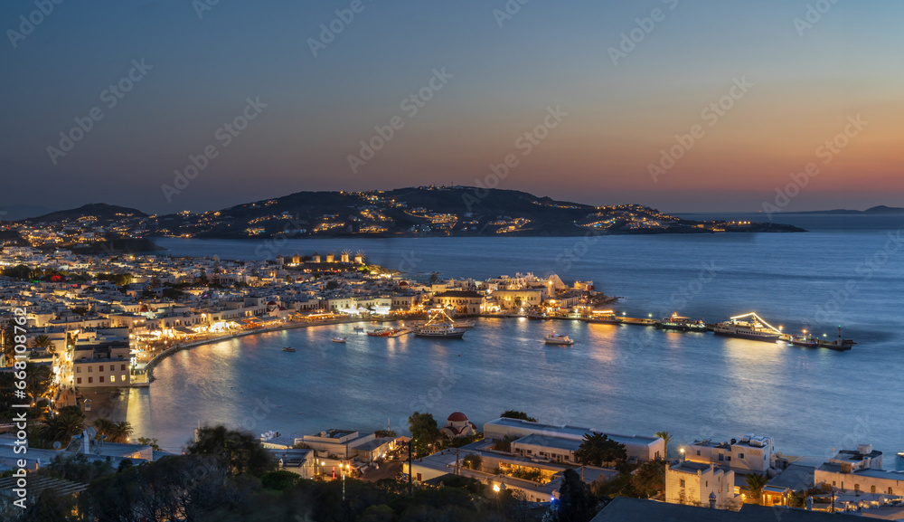 Looking across the harbour in Mykonos Town one of. the Cyclades Islands in Greece