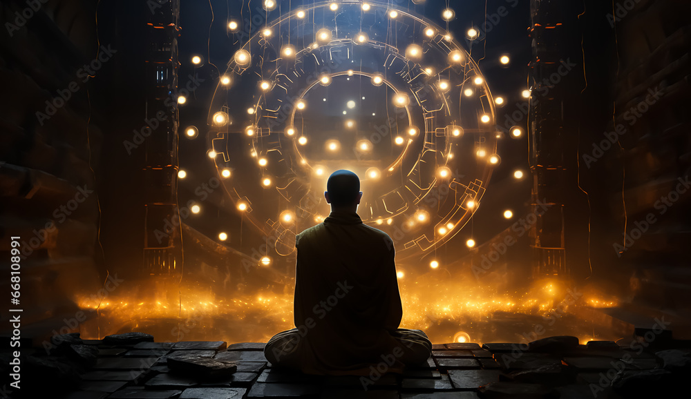 Buddha statue in a meditation position, spiritual power that opens fantasy gate 