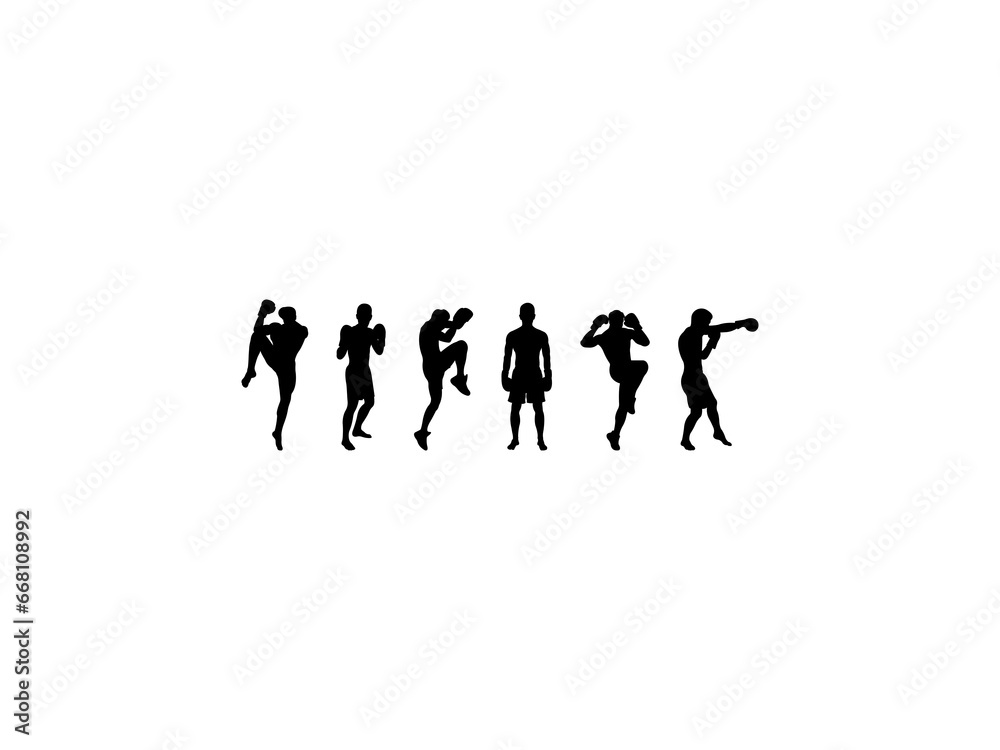 Set of Boxer Silhouette in various poses isolated on white background