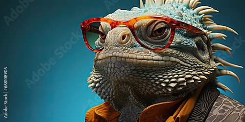 Iguana wearing sunglasses, azure background
