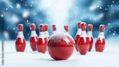 Bowling game in winter. Bowling, skittles and ball in Christmas style.