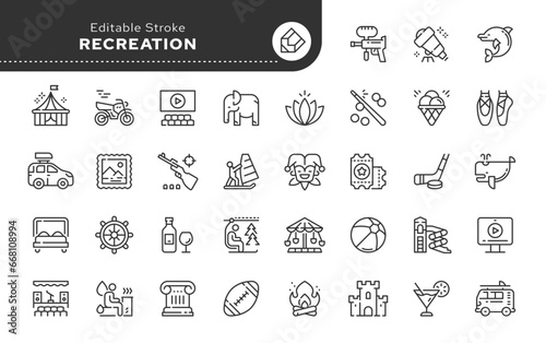 Recreation, vacation and entertainment. Line icon set. Web icons in linear style for mobile application and web site. Outline pictogram.